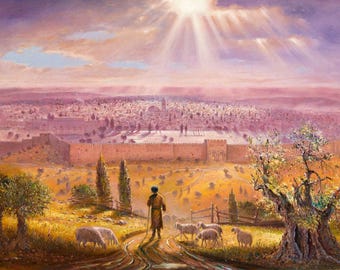 Jerusalem Painting: Shepherd and Sheep Fine Art Print on Canvas or Metal