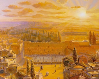 Väggkonst i Jerusalem – Västra murens soluppgångsmålning (kanvas, metall, akryl)