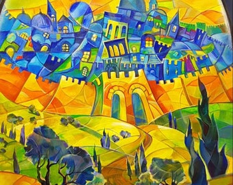 Jerusalem Sensation Modern Abstract Contemporary Jewish Artwork on Canvas for Wall Home Decor by A. Levin, Giclée