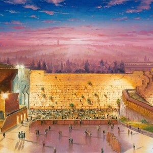 Sunrise above the Kotel in Jerusalem Wailing Wall painting comes in print on Canvas, Fine Art Made in Israel by Artist Alex Levin, Giclée