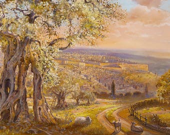 Old Jerusalem Landscape Art – Olive Tree View, Framed Canvas, Metal, Acrylic Glass