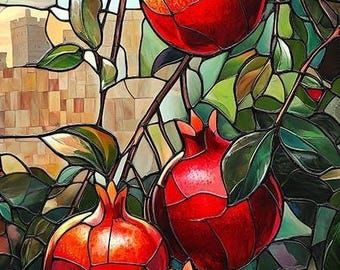 Mosaic Pomegranates Jerusalem Art – Seven Species Israel Painting (Canvas, Metal, Acrylic)