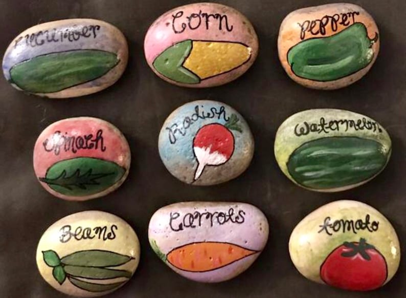SET 9 Colorful Vegetable Garden Stone Markers Painted Rocks | Etsy