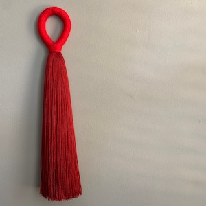 May include: A red tassel with a looped top. The tassel is made of thin strands of yarn and hangs from a white wall.