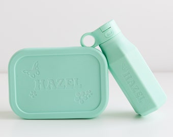 Lonchera y botella de silicona con grabado personalizado para niños, set de refrigerio escolar con nombre, contenedor de alimentos reutilizable de silicona de grado alimenticio.