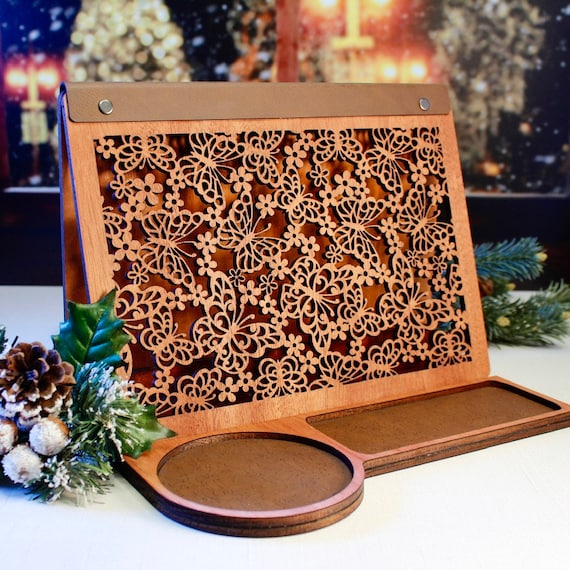 Butterflies Flowers Wooden Book Valet Tray, Wood Nightstand Book Nook, Page Holder, Christmas Gift for Book Lovers, Unique Gift for Mom