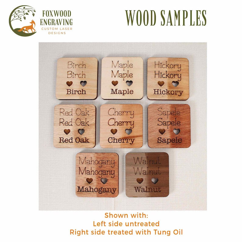 May include: Nine wood samples, each with a different wood type, are displayed on a white background. The wood samples are square and have the name of the wood type engraved on them. The wood samples are shown with the left side untreated and the right side treated with Tung Oil. The wood types are: Birch, Maple, Hickory, Red Oak, Cherry, Sapele, Mahogany, and Walnut.