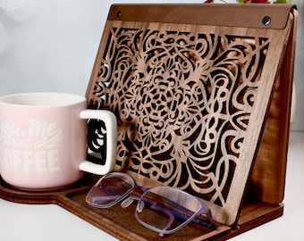 Unique Book Nook, Walnut Wood Book Valet Tray, Wooden Nightstand Book Page Holder, Gift for Book Lovers,  Gift for Mom, Birthday Gift