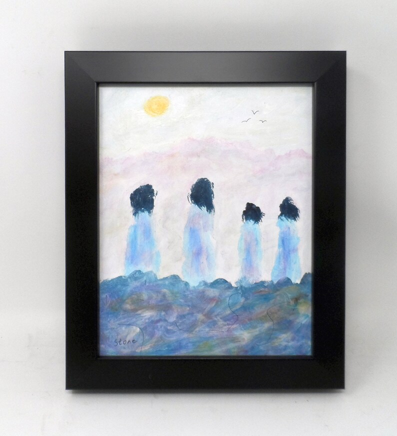 Charlie Stone Framed. Western Colorado artist Original 8x10 impressionist painting BIRD WATCHING Native American American Indian