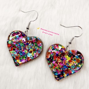 Rainbow Glitter Heart Resin Earrings, Resin Jewelry, Gifts For Her, Rainbow Earrings