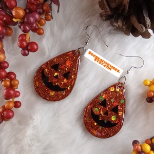 Jack O Lantern Glitter Teardrop Resin Earrings, Halloween Earrings, Fall Earrings, Pumpkin Earrings