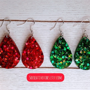 SHIPS 5/6/24 Christmas Glitter Teardrop Resin Earrings, Christmas Earrings, Holiday Earrings, Holographic Earrings