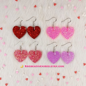 Valentine&#39;s Glitter Heart Resin Earrings, Valentine&#39;s Day, Heart Earrings, Valentine&#39;s Earrings, Gifts For Her, Resin Jewelry