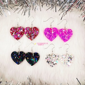 Valentine&#39;s Glitter Heart Resin Earrings, Valentine&#39;s Day, Heart Earrings, Valentine&#39;s Earrings, Resin Jewelry, Gifts For Her