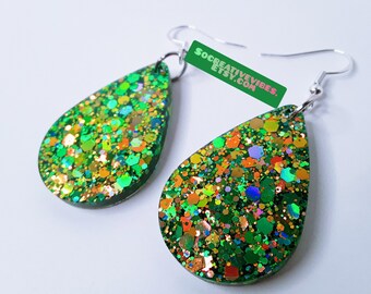 Jungle Green Glitter Teardrop Resin Earrings, Halloween Earrings, Christmas Earrings, Fall Earrings, Resin Jewelry
