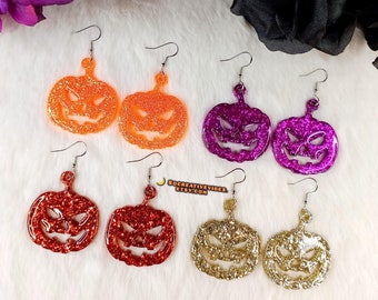 Pumpkin Glitter Resin Earrings, Halloween Earrings, Fall Earrings, Pumpkin Earrings, Jack O Lantern, Resin Jewelry