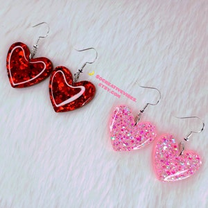 Valentine&#39;s Glitter Heart Resin Earrings, Resin Jewelry, Gifts For Her