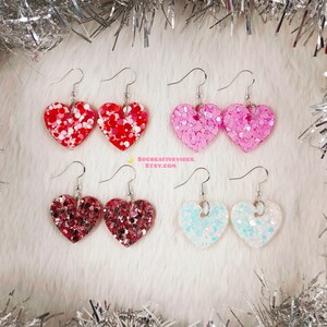Valentine&#39;s Glitter Heart Resin Earrings, Valentine&#39;s Day, Heart Earrings, Valentine&#39;s Earrings, Resin Jewelry, Gifts For Her