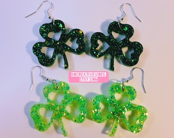 Shamrock Glitter Resin Earrings, St. Patrick&#39;s Day, Shamrock Earrings, Resin Jewelry, Gifts For Her
