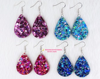 Holographic Glitter Teardrop Resin Earrings, Pink Teardrops, Blue Teardrops, Holographic Earrings, Resin Jewelry