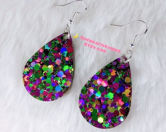 Mardi Gras Glitter Teardrop Resin Earrings, Mardi Gras Earrings, Fat Tuesday