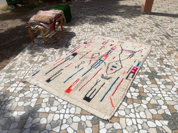 Artistic Beni Ourain Rug, Custom Moroccan Pink and Blue Patchwork Rug, Handmade Berber Wool Carpet,Handwoven Modern Boho Chic Rug