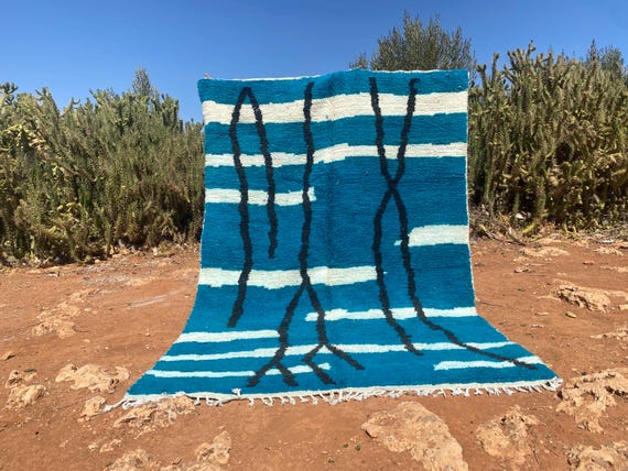 BLUE WOOL RUG, Beni Ourain Moroccan Rug, Custom Size Floor Rug, Tufted Dining Room Rug, Artistic Shag Area Rug.