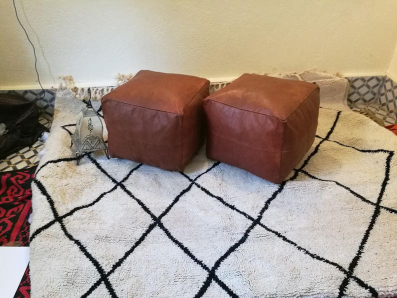 set of two leather pouf,moroccan handcrafted leather pouf, ottoman leather pouf,leather poufs,moroccan leather poufs,gifts,wedding gifts, image 2