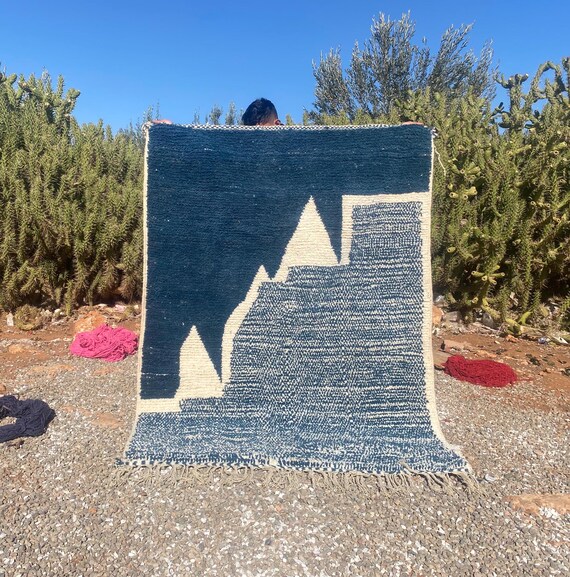 MODERN AREA RUG, Blue & White Moroccan Wool Rug, Custom Beni Ourain Rug, Berber Style with Blue Abstract Motifs, Cozy Handmade Floor