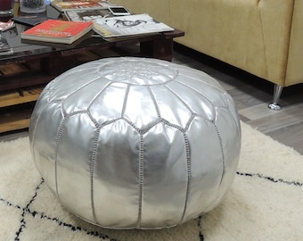 authentique ottoman marocain Pouf en cuir argenté, pouf en cuir artisanal marocain, pouf en cuir ottoman