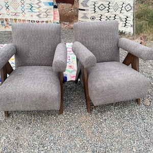 Set of Grey Speckled Fabric Armchairs with Wooden Arms – Grey  Armchair , Mid Century Armchair-Retro Lounge Chairs -Modern Chair-