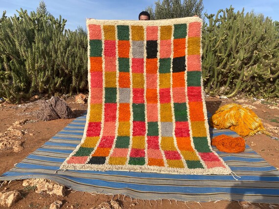 Gorgeous Beni Ourain Rug- Green And Beige Rug- Emerald Green Rug- woven rug-colorful rug- green wool Beniourain Carpet, Unique Geometric Rug