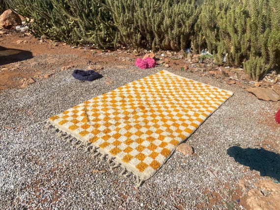 Checkered Beni Ourain Rug, Tribal Area Rug, Woven Rug, Mustard Yellow and Cream Rug, Custom Moroccan Rug, Living Room Decor, Wool Rug