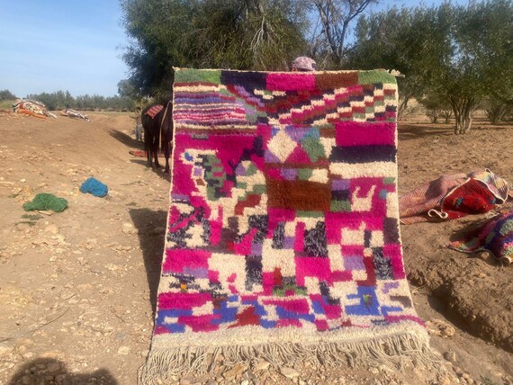 Abstract Earth-Tone Moroccan Wool Rug, Custom Made Berber Rug, Moroccan Handmade Rug, Soft Beige Wool Carpet, Beni Ourain