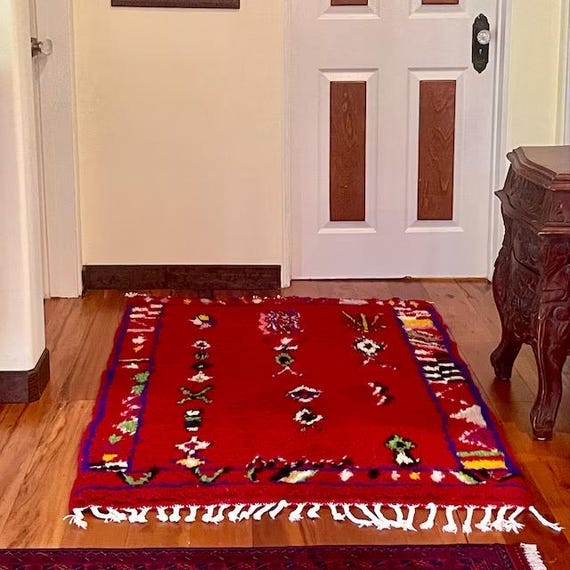 Large Handmade Red Moroccan Rug – Authentic Berber Wool Carpet, Bold Boho Decor
