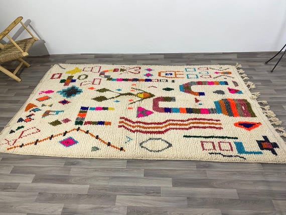 Moroccan Azilal Wool Rugs - Handwoven Colorful Home Decor, Unique Handmade Gift for Cozy Living Room Carpet