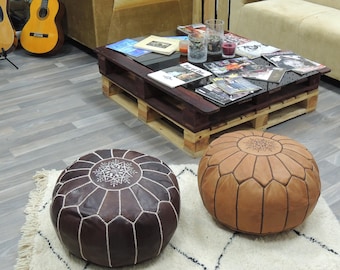 set of two leather pouf,moroccan handcrafted leather pouf, ottoman leather pouf