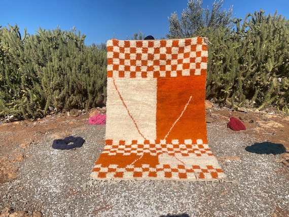 Modern Moroccan Rug –Orange Beni Ourain – Handmade Wool Tapis Berbère – Custom Abstract Design - Wool Rugs - Free Shipping
