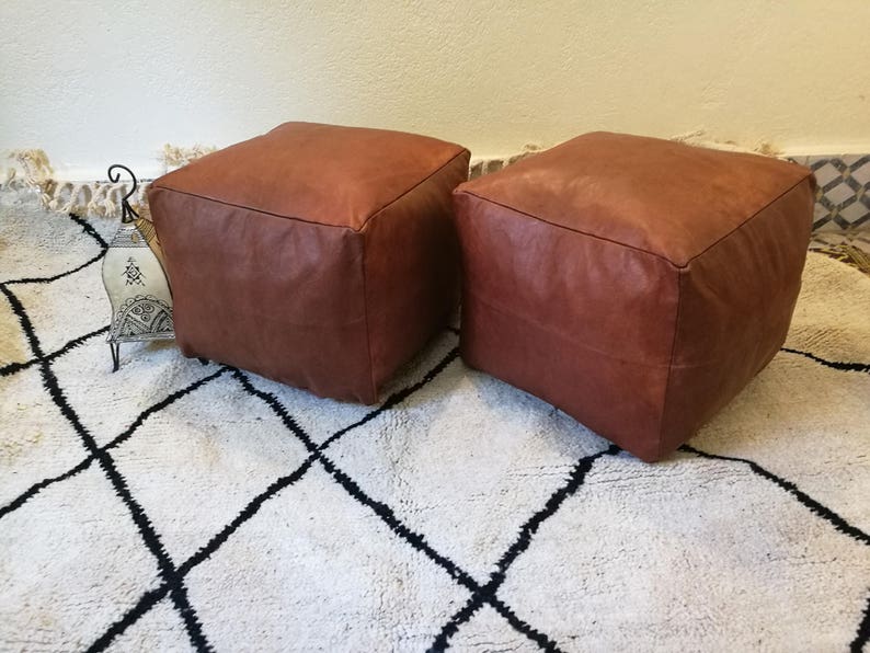 set of two leather pouf,moroccan handcrafted leather pouf, ottoman leather pouf,leather poufs,moroccan leather poufs,gifts,wedding gifts, image 1