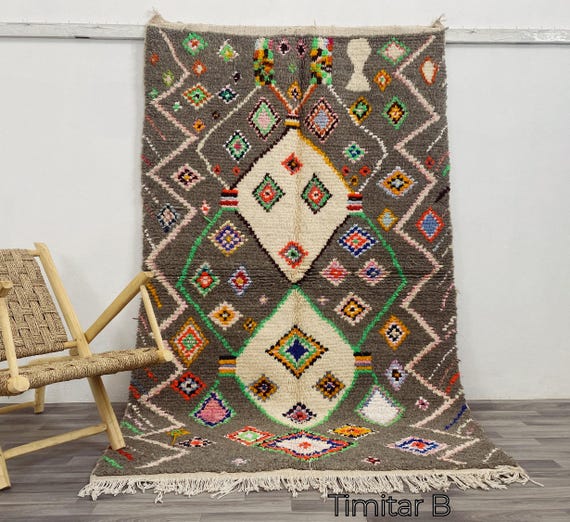 Handmade Azilal Moroccan Rug – 8x5 Wool Berber Rug – Colorful Geometric Tribal Carpet – Boho Vintage Abstract Area Rug – Nomadic Handwoven E