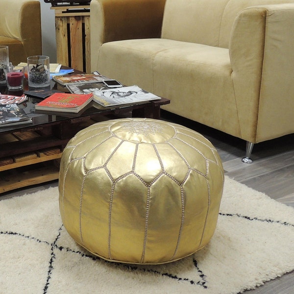 Gold leather pouf,moroccan handcrafted leather pouf, ottoman leather pouf