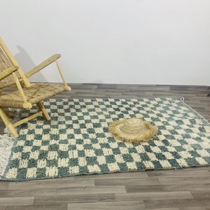 Green Moroccan Checkered rug, Wool soft shag  Rugs! -morocco area carpet, boho area rug,