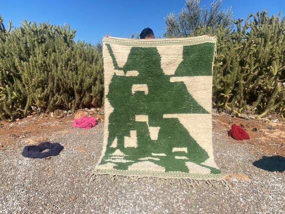 Moroccan Berber Modern Green Rug, Authentic Moroccan rug, Berber carpet, Genuine rug, Handmade rug, Beni ourain style, Area rug, Custom Rug