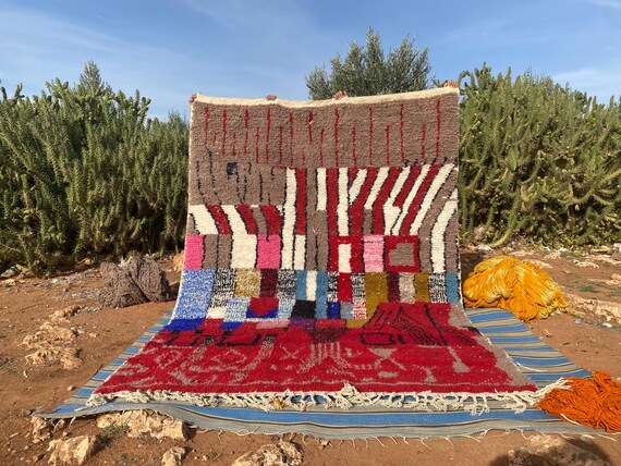 Boho Wool Area Rug, Moroccan Boujad Geometric (6x8 Feet)