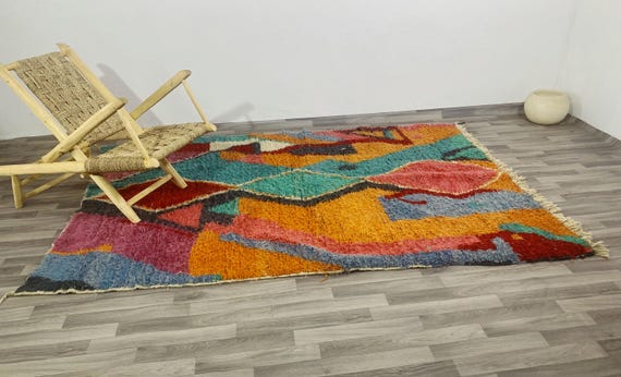 Colorful Moroccan Vintage Rug - Handmade Checkered Area Rug - Boho Patchwork Floor Art - Eclectic Vintage Berber Carpet
