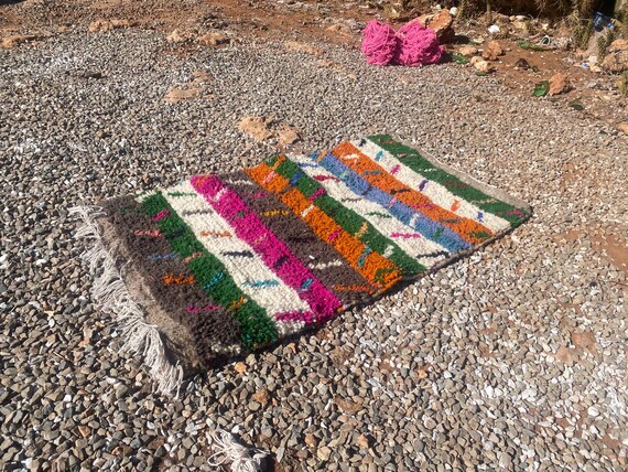 Colorful Handmade Moroccan Kilim Rug - Small Berber Wool Carpet with Striped Pattern