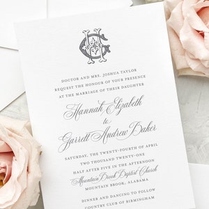 Traditional Monogram Wedding Invitation, Elegant Invite, Interlocking Monogram Invite