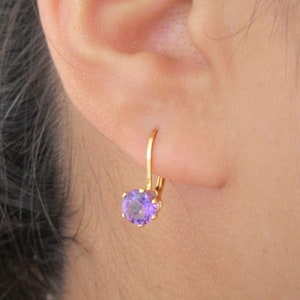 Amethyst gemstone dangling earring in yellow gold, February birthstone, purple gemstone earrings, gift for her, gift for mom, Christmas gift