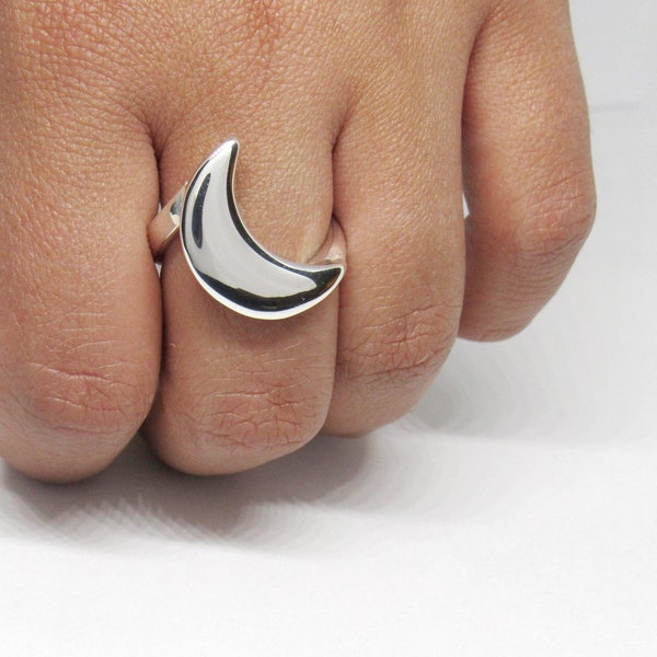 Sterling Silver Crescent Moon Ring: Handmade Boho Statement Jewelry