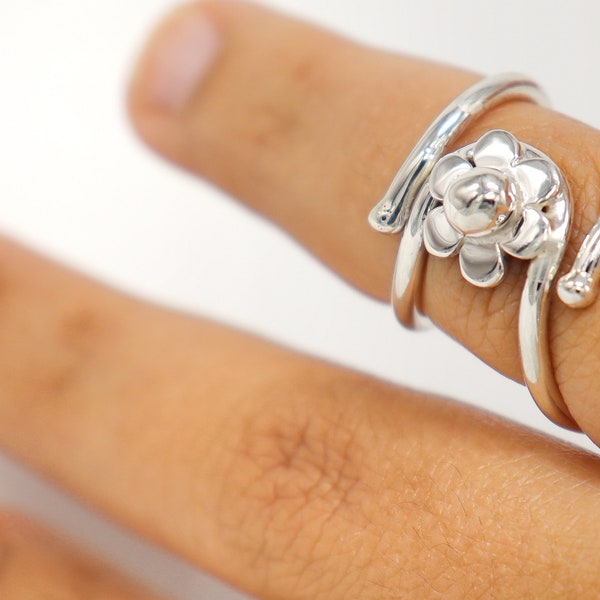 Sterling Silver Flower Trigger Finger Splint Ring - Handmade